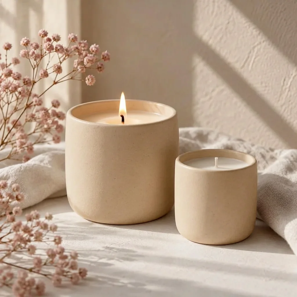Duo de Luz — Candle + refill gift set with a soy candle in a sand-coloured jesmonite vessel