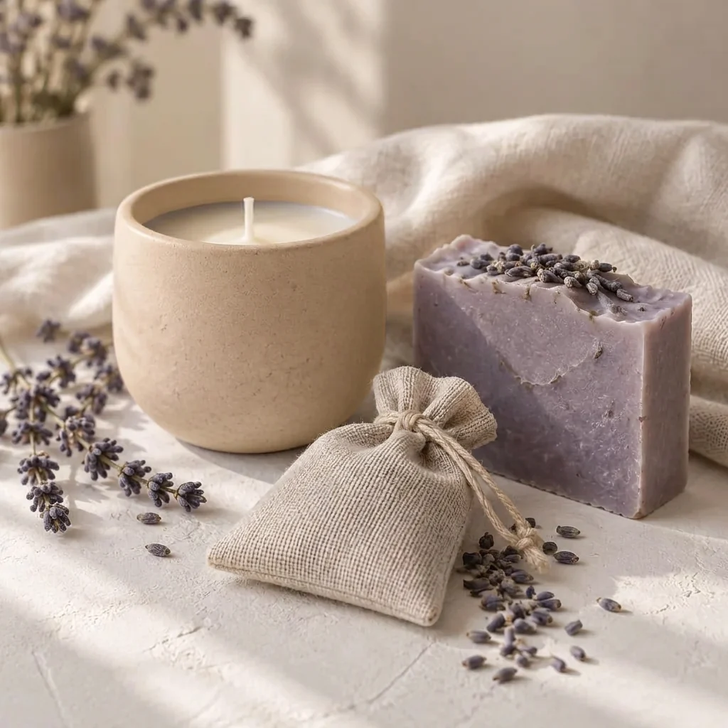 Lavender Ritual gift set with a soy candle in a sand-coloured jesmonite vessel