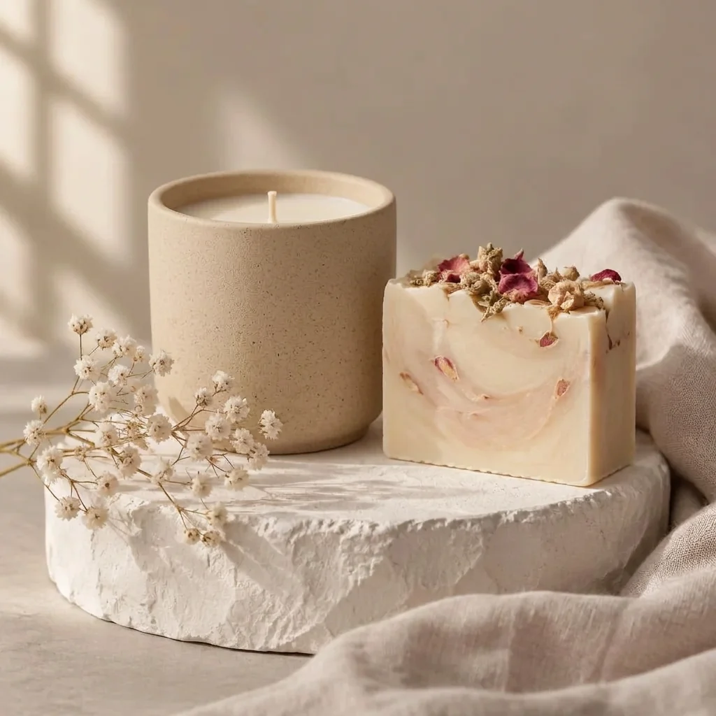 Duo Essencial — Candle + soap gift set with a soy candle in a sand-coloured jesmonite vessel