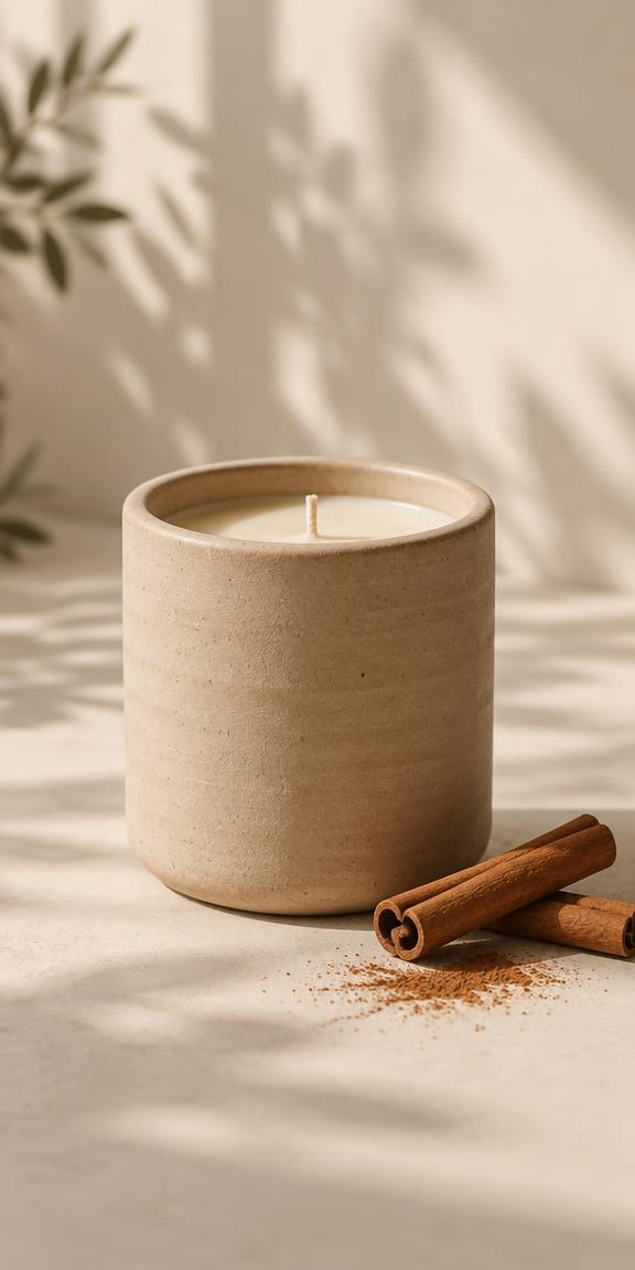 Vela Cinnamon Apple Candle, em cerâmica areia