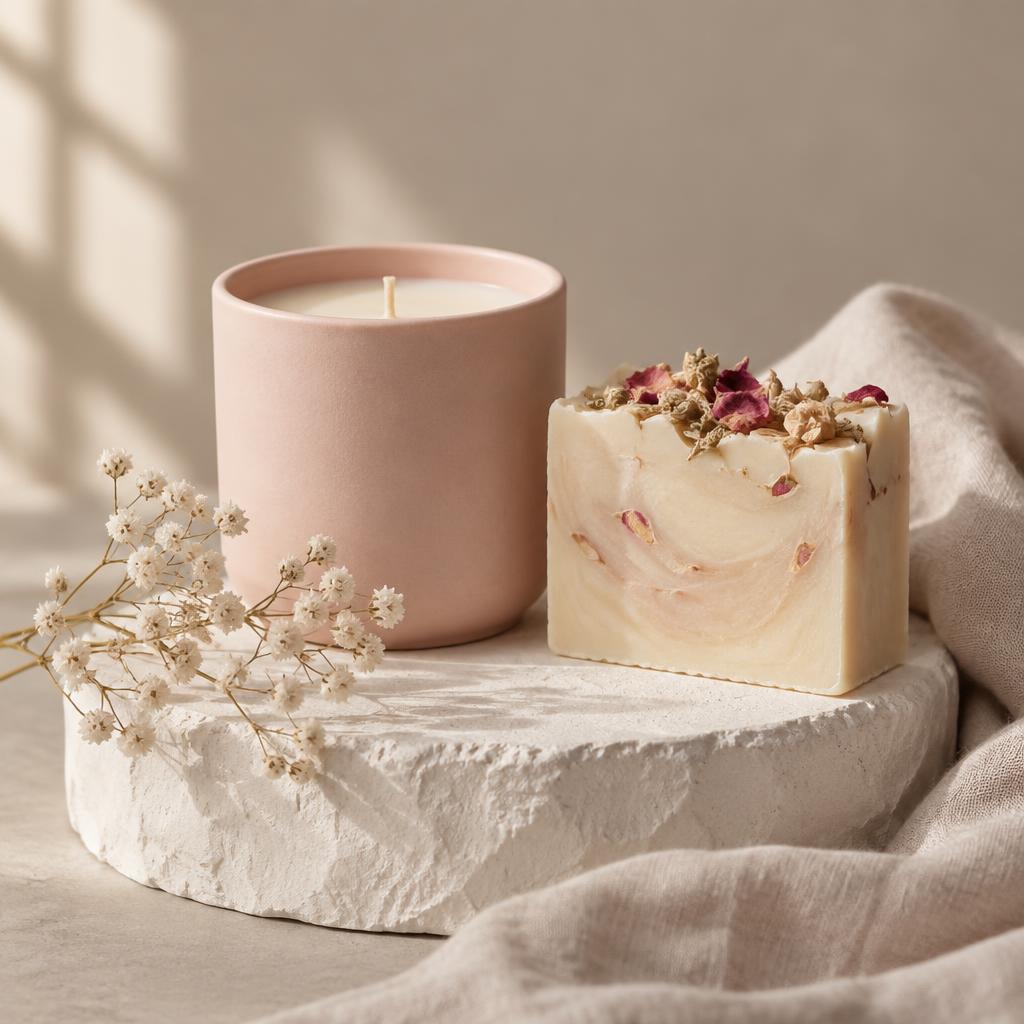 Coffret com vela rosa suave e sabonete artesanal sobre pedestal de gesso