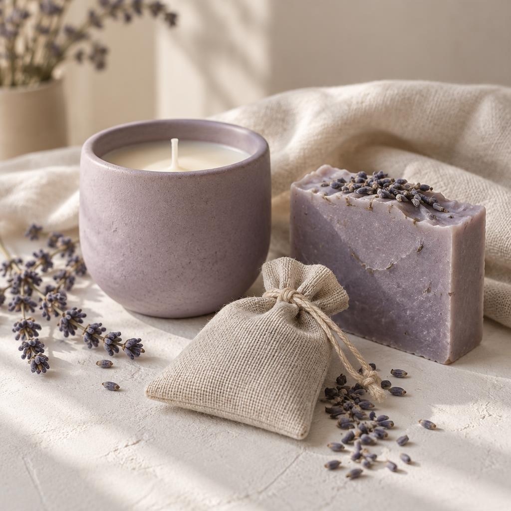 Coffret com vela, sabonete de lavanda e saquinho de lavanda sobre linho