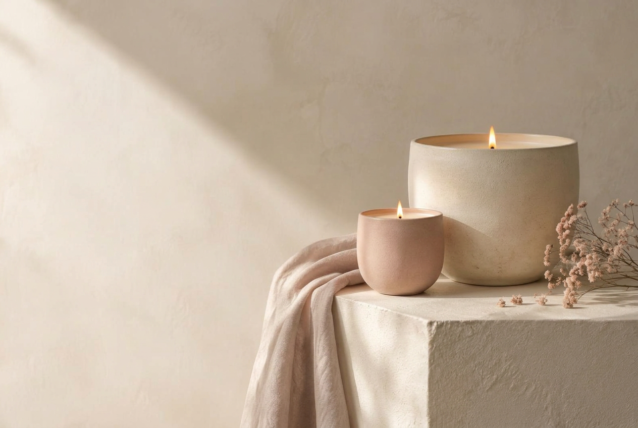 Velas em cerâmica natural e rosa suave, acesas junto a flores secas